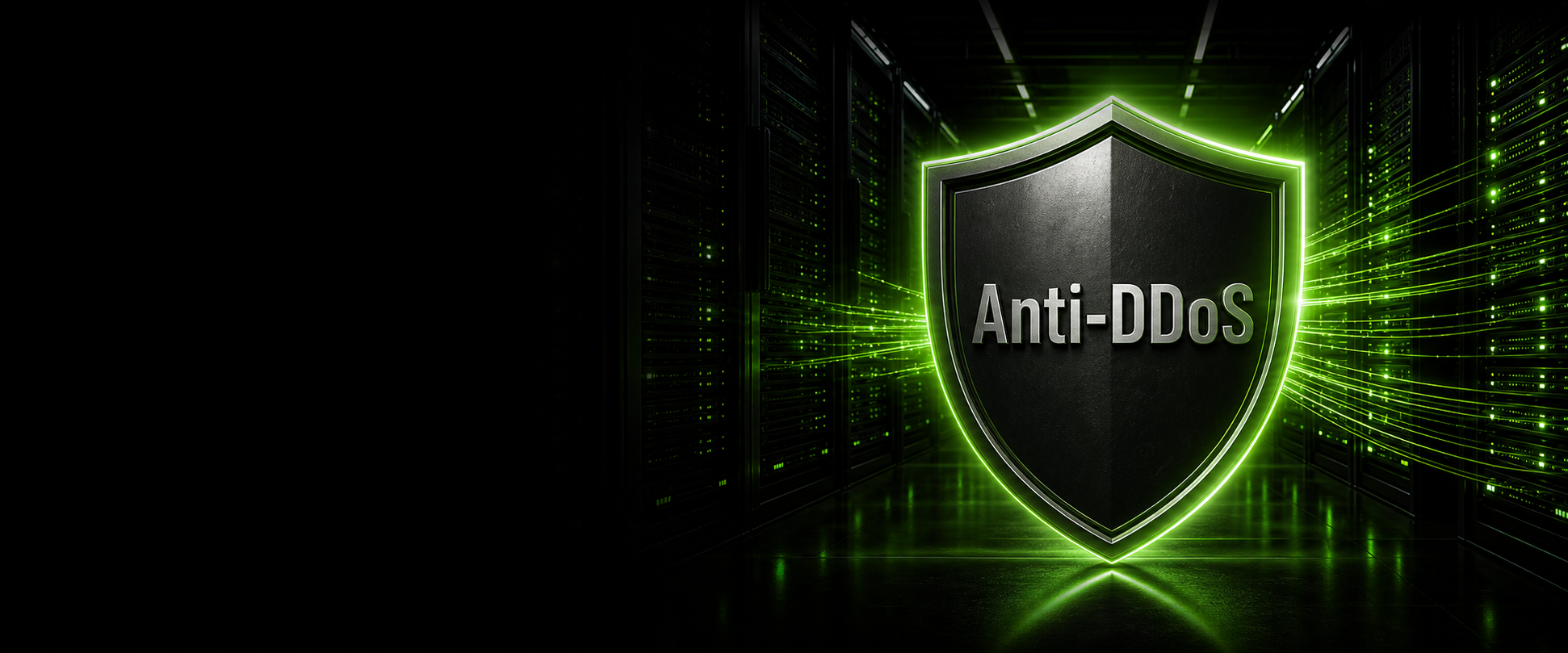 Tarcza Anti-DDoS DataHouse w serwerowni symbolizująca filtrowanie ruchu i selektywny blackholing